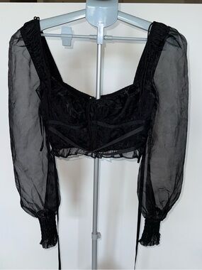 For Love & Lemons Black Lace Corset Crop Top Sheer Puff Sleeves Size L